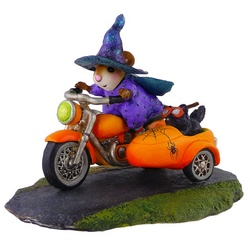 Mouse in whitch costume ride pumpkin colored bike and side car with cat