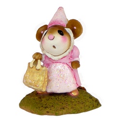 Mouse dressed as medieval princess in pink with golden bag