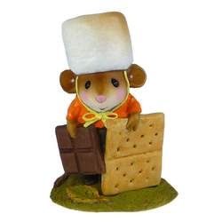Mouse with marshmallow hat, choclate in one hand and cracker in other