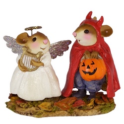 An angel (girl) and a devil (boy) mouse out for candy