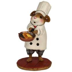 Chef mouse with copper skillet full of delicious morsels.
