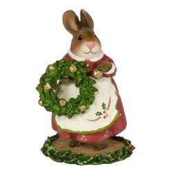Mom bunny in Christmas outfit holding Christmas wreath
