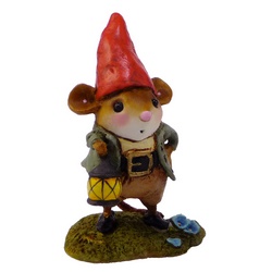 Male mouse dessed as a gnome holding a lamp in right hand