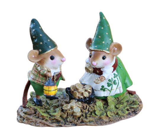 Two happy gnomes mice find a pot of gold in a lucky clover patch 