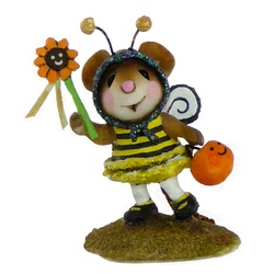 Mouse in bee costume holding flower wand in one hand and pumpkin bucket in other
