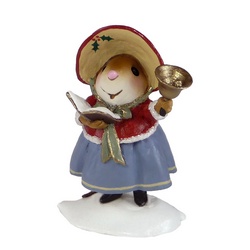 Mother mouse carroler with bell singing in the snow