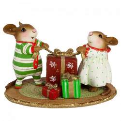 Excited boy and girl mouse open Christmas gift