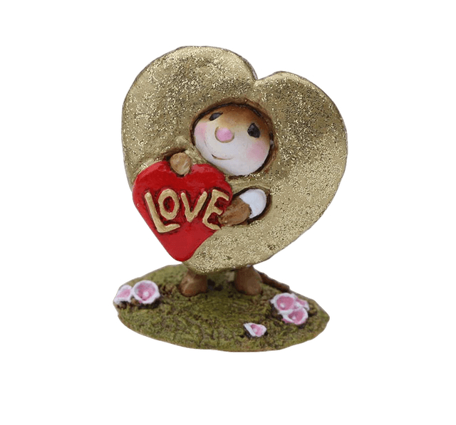 Mouse with head through a gold  hart also hold a red love Heart