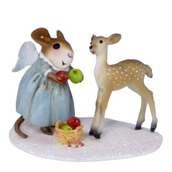 Mouse with angel wings offers fuit to fawn in the snow